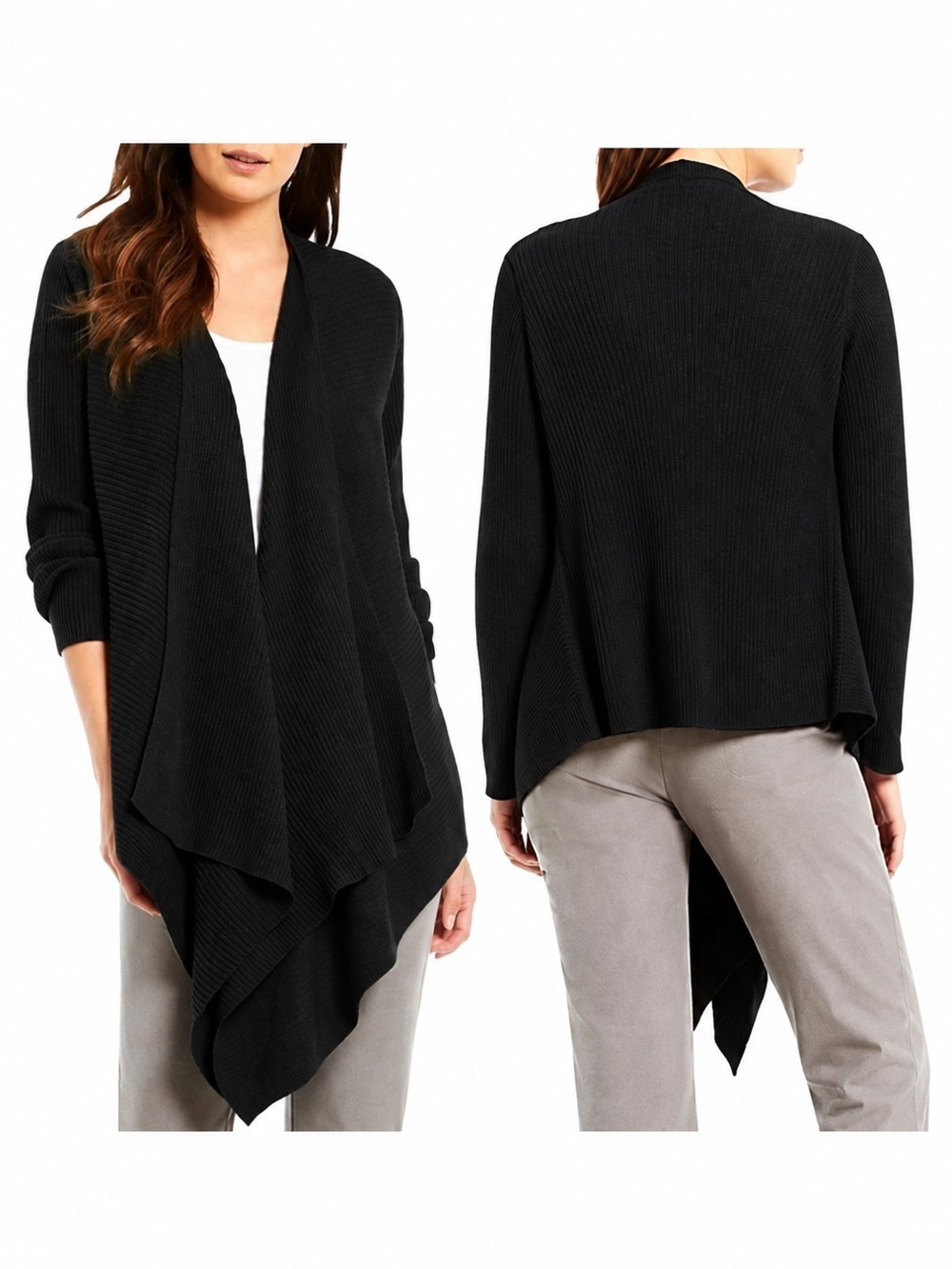 EILEEN FISHER Ribbed Waterfall Draped Cardigan Coastal Size XS Black
